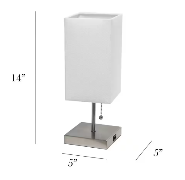 Simple Designs 14.25 in. Brushed Nickel Petite Stick Lamp with USB Charging Port and White Fabric Shade