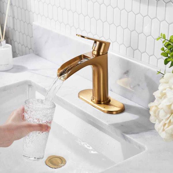 Waterfall Single Handle Bathroom Faucet with Metal Pop-up Drain, Bathroom Sink Faucet Gold in Bathroom