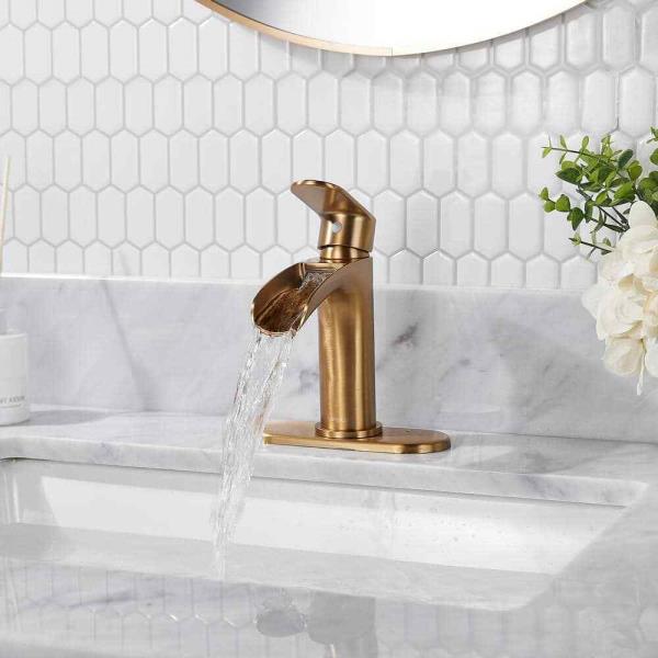 Waterfall Single Handle Bathroom Faucet with Metal Pop-up Drain, Bathroom Sink Faucet Gold in Bathroom