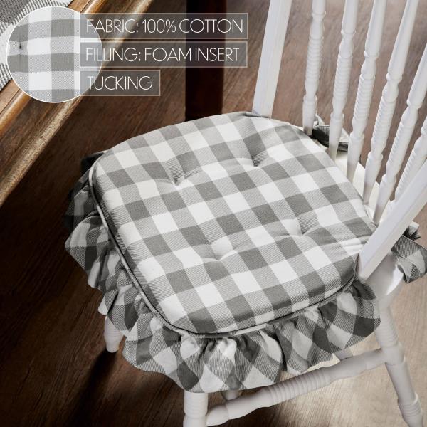 Annie Ash Grey, Soft White Buffalo Check Ruffled Chair Pad