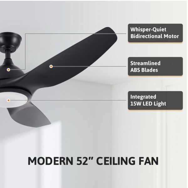 52 in. Modern LED Indoor Black Semi Flush Mount Ceiling Fan with Remote Control