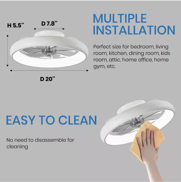 ANTOINE 20 in. LED Indoor White Bladeless App Control Low Profile Ceiling Fan with Light Semi Flush Mount Bedroom Lighting