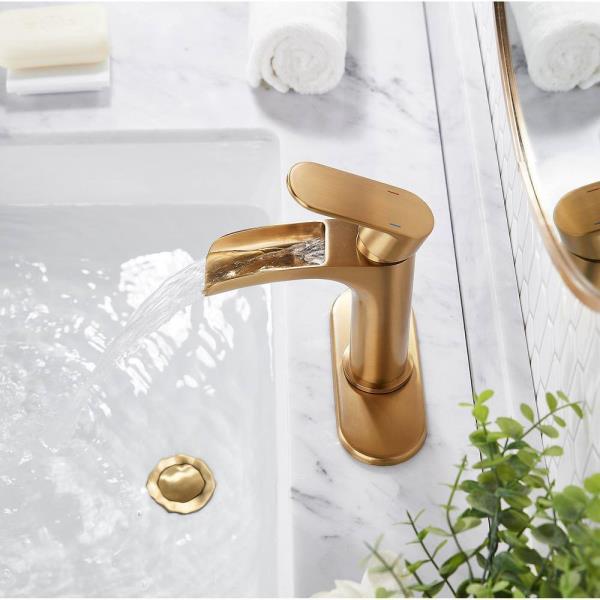 Waterfall Single Handle Bathroom Faucet with Metal Pop-up Drain, Bathroom Sink Faucet Gold in Bathroom