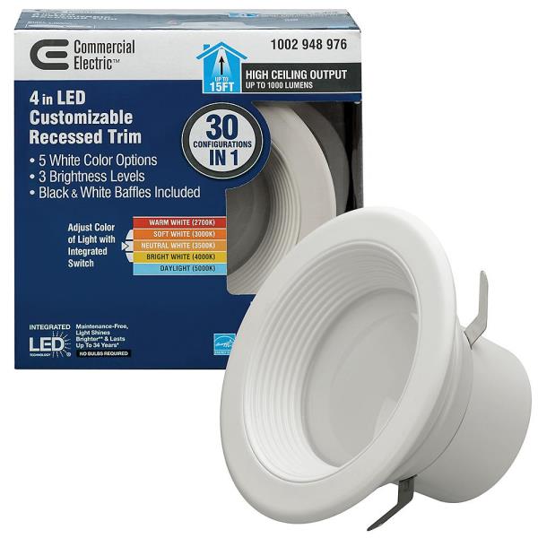 Commercial Electric 4 in. 30 Lighting Options Integrated LED Recessed Light Trim Adjustable CCT New Construction Remodel Indoor Wet Rated