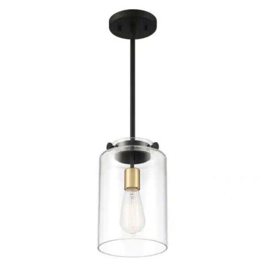 Hampton Bay Mullins 6.75 in. 1-Light Coal and Honey Gold Mini Pendant Hanging Light, Kitchen Pendant Lighting with Clear Glass Shade