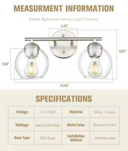 Jazava 15.63 in. 2-Light Brushed Nickel Vanity Light with Clear Glass Shade