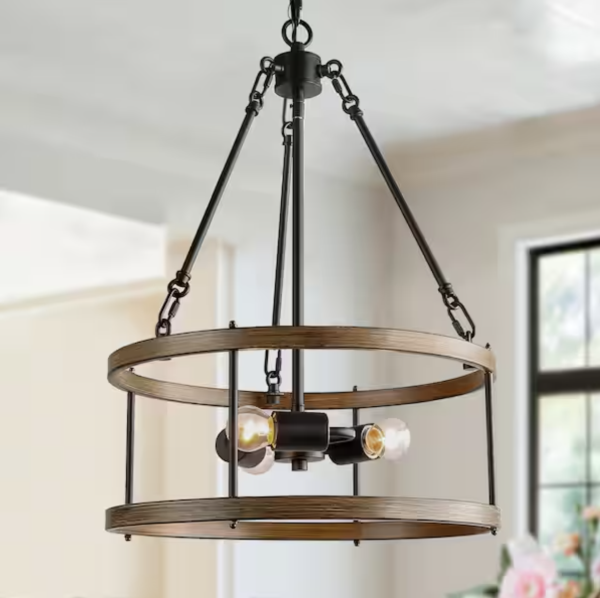 LNC Brown Drum Chandelier 3-Light Cage Black Pendant Farmhouse Chandelier for Foyer with Faux Wood Accents