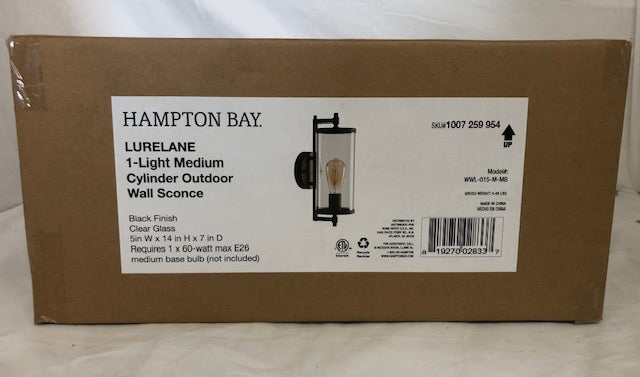 Hampton Bay Lurelane 14 in. Medium Modern 1-Light Matte Black Hardwired Outdoor Cylinder Wall Lantern Sconce Light