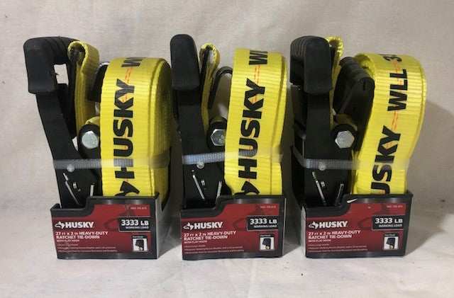 (3 Pack) Husky 2 in. x 27 ft. Heavy-Duty Ratchet Tie-Down Strap with Flat Hooks