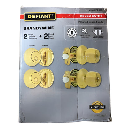 Defiant Brandywine Polished Brass Single Cylinder Keyed Entry Project Pack
