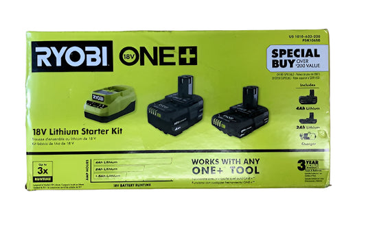 RYOBI ONE+ 18V Lithium-Ion Starter Kit with 2.0 Ah Battery, 4.0 Ah Battery, and Charger