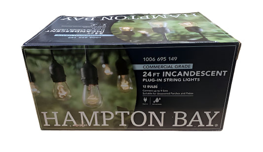 Hampton Bay 12-Light 24 ft. Indoor/Outdoor Plug-In Incandescent Edison Bulb String Light