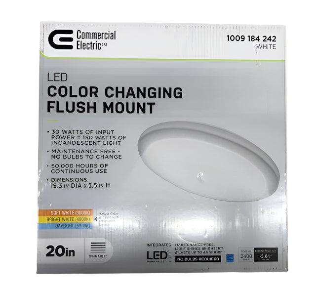 Commercial Electric 20 in. Low Profile LED Flush Mount Round Ceiling Light 2400 Lumens 3000K 4000K 5000K Dimmable Bedroom Lighting