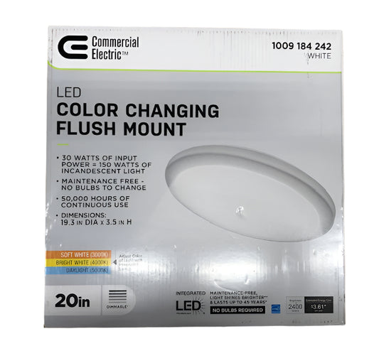 Commercial Electric 20 in. Low Profile LED Flush Mount Round Ceiling Light 2400 Lumens 3000K 4000K 5000K Dimmable Bedroom Lighting