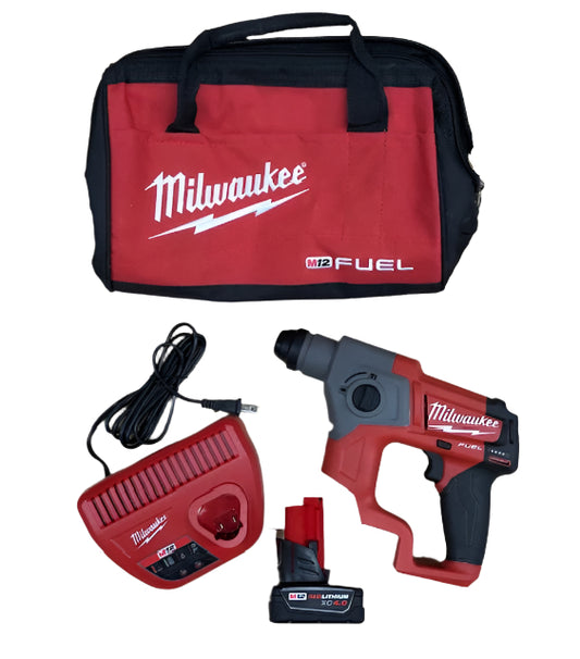 Milwaukee M12 FUEL 12V Lithium-Ion Brushless Cordless 5/8 in. SDS Plus Rotary Hammer Kit with One 4.0Ah Battery and Bag