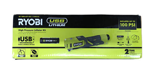RYOBI USB Lithium Cordless High Pressure Portable Inflator Kit with 2.0 Ah USB Lithium Battery and Charging Cable