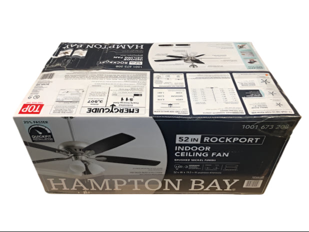 Hampton Bay Rockport 52 in. Indoor LED Brushed Nickel Ceiling Fan with Light Kit, Downrod, Reversible Blades and Reversible Motor