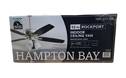 Hampton Bay Rockport 52 in. Indoor LED Brushed Nickel Ceiling Fan with Light Kit, Downrod, Reversible Blades and Reversible Motor