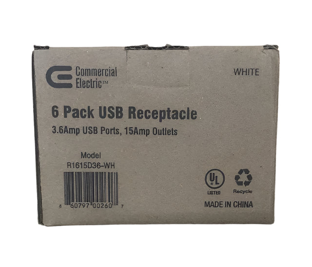 Commercial Electric 3.6 Amp Dual USB Charger and 15 Amp Receptacle, White (6-Pack)