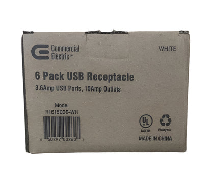 Commercial Electric 3.6 Amp Dual USB Charger and 15 Amp Receptacle, White (6-Pack)