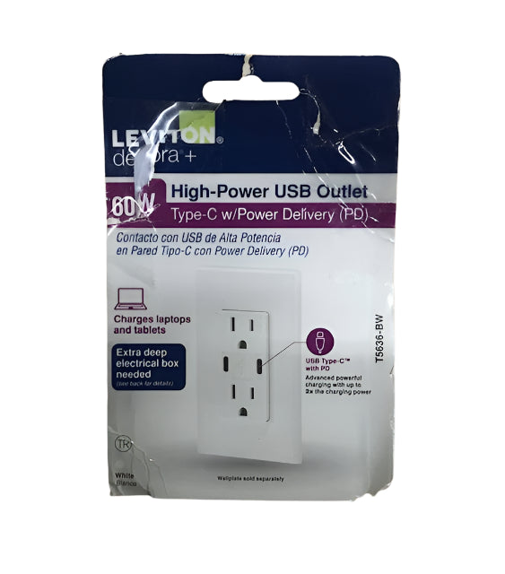 Leviton Decora 15 Amp Tamper Resistant Duplex Outlet with 60W USB-C Power Delivery Charger, White (1-Pack) T5636-BW
