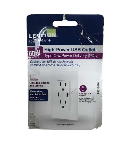Leviton Decora 15 Amp Tamper Resistant Duplex Outlet with 60W USB-C Power Delivery Charger, White (1-Pack) T5636-BW