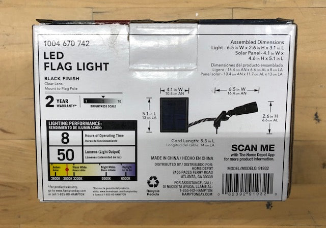 Hampton Bay LED Flag Light 91932, 50 Lumens Solar Power Pole Light, Black Finish