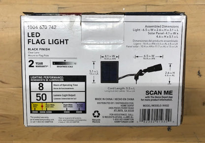 Hampton Bay LED Flag Light 91932, 50 Lumens Solar Power Pole Light, Black Finish