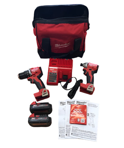 Milwaukee M18 18V Lithium-Ion Brushless Cordless Compact Drill/Impact Combo Kit (2-Tool) w/(2) 2.0 Ah Batteries, Charger & Bag