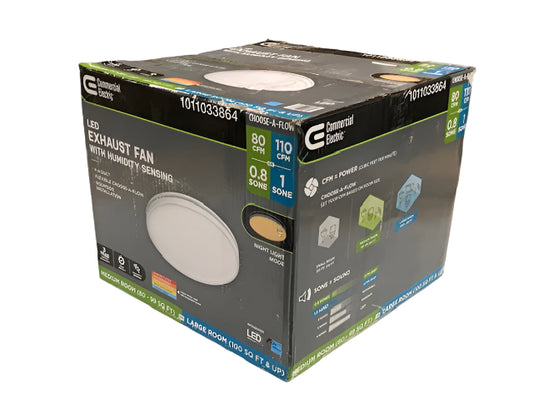 Commercial Electric 80 /110 CFM Ceiling Mount Room Side Installation Round Bathroom Exhaust Fan with LED, Night Light and Humidity Sensor
