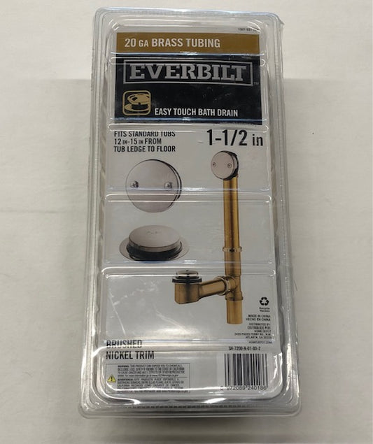 Everbilt Easy Touch 1-1/2 in. 20-Gauge Brass Pipe Bath Waste and Overflow Drain in Brushed Nickel