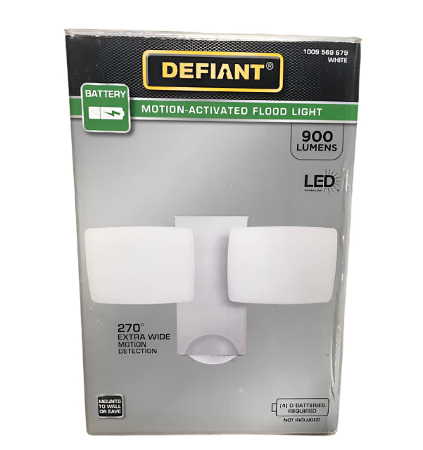 Defiant 270-Degree White Motion Activated Battery Powered Outdoor 2-Head Dusk to Dawn LED Security Flood Light 900 Lumens