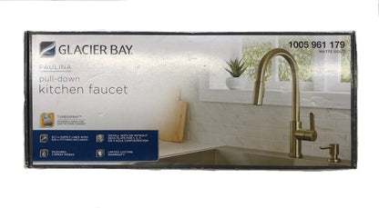 Glacier Bay Paulina Single Handle Pull Down Sprayer Kitchen Faucet with TurboSpray, FastMount and Soap Dispenser in Matte Gold
