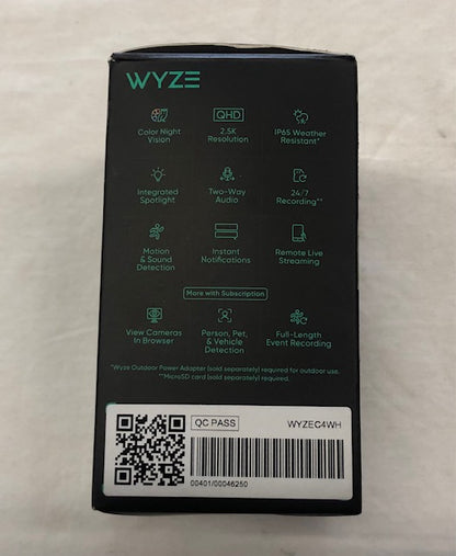 Wyze Cam v4 Wi-Fi 2.5K QHD Indoor/Outdoor Plug-In Smart Home Security Camera, Color Night Vision, 2-Way Audio (White)