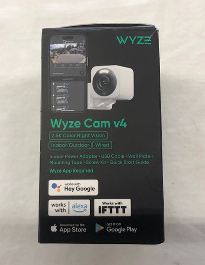 Wyze Cam v4 Wi-Fi 2.5K QHD Indoor/Outdoor Plug-In Smart Home Security Camera, Color Night Vision, 2-Way Audio (White)