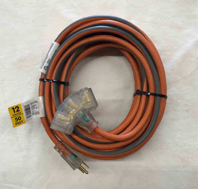 RIDGID 50 ft. 12/3 Heavy Duty Indoor/Outdoor Extension Cord with Tritap Lighted End, Orange/Grey