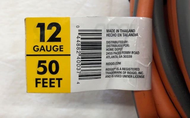 RIDGID 50 ft. 12/3 Heavy Duty Indoor/Outdoor Extension Cord with Tritap Lighted End, Orange/Grey