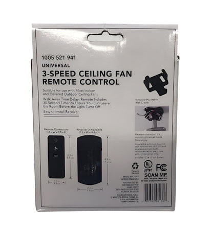 Hampton Bay Universal 3-speed Damp Rated Ceiling Fan Remote Control with Dimming Black