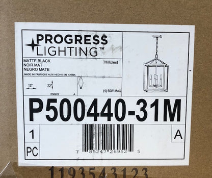 Progress Lighting Hillcrest 4-Light 13 in. Matte Black Modern Farmhouse Foyer Light for Halls