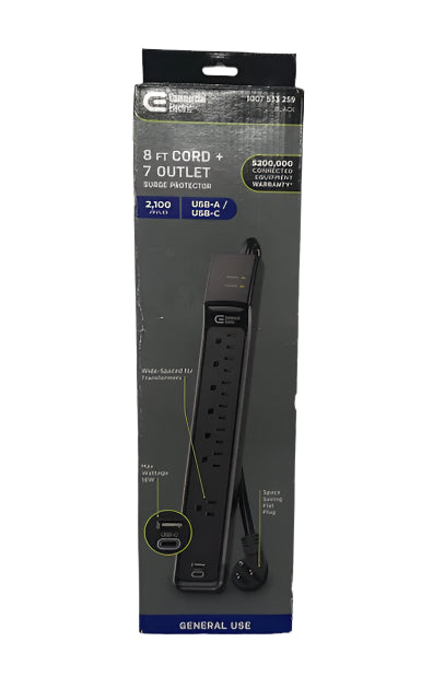 Commercial Electric 8 ft. 7-Outlet Surge Protector with USB in Black