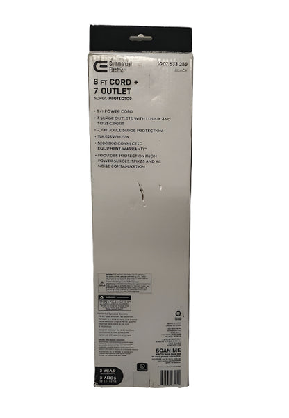Commercial Electric 8 ft. 7-Outlet Surge Protector with USB in Black