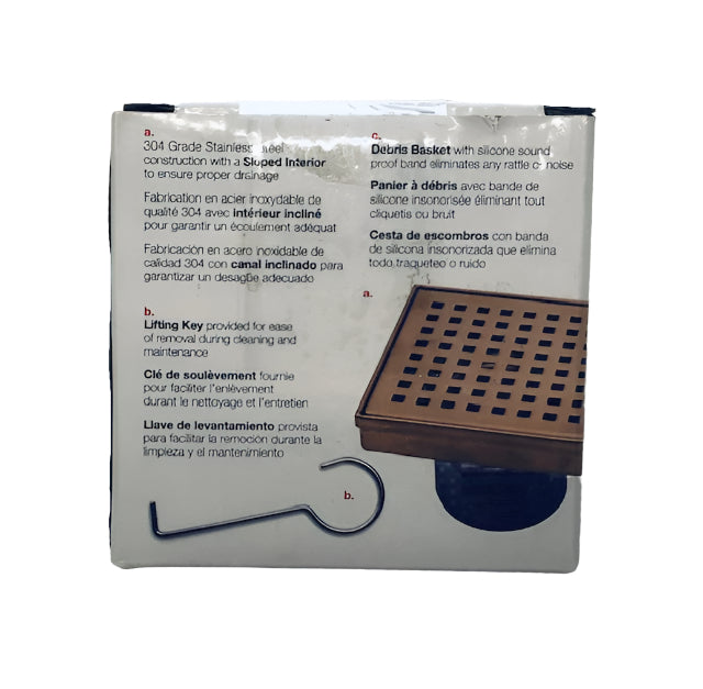 Oatey Designline 4 in. x 4 in. Stainless Steel Square Shower Drain with Square Pattern Drain Cover in Brushed Gold