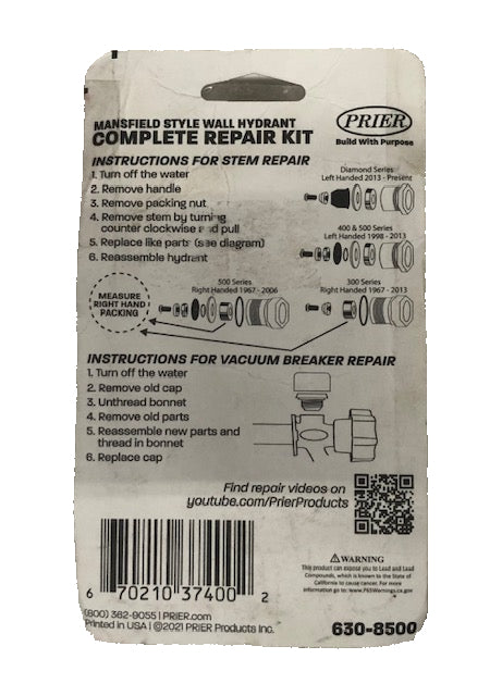 Prier Products Mansfield Style 1/2 in. Complete Wall Hydrant Sillcock Valve Service Kit