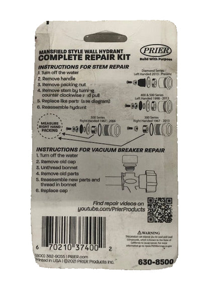Prier Products Mansfield Style 1/2 in. Complete Wall Hydrant Sillcock Valve Service Kit