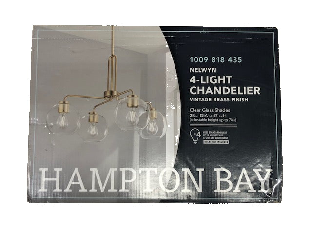 Hampton Bay Nelwyn 25 in. 4-Light Vintage Brass Chandelier with Clear Glass Globe Shades