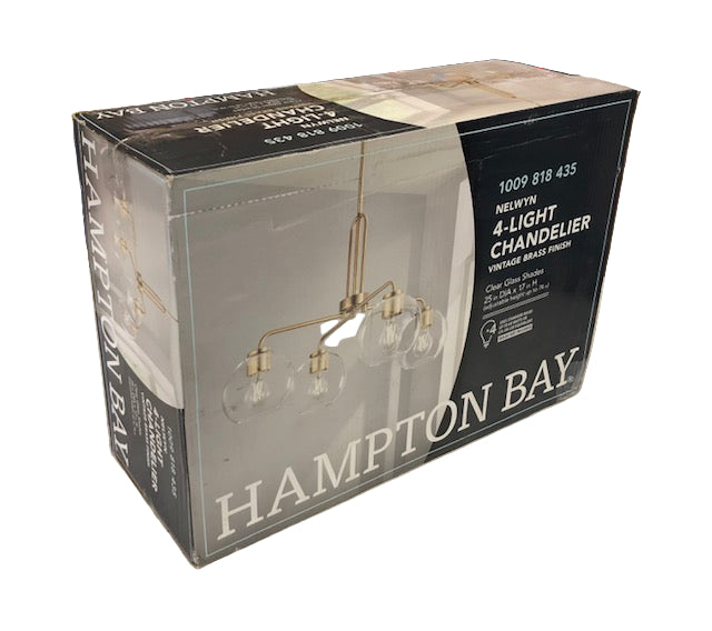 Hampton Bay Nelwyn 25 in. 4-Light Vintage Brass Chandelier with Clear Glass Globe Shades