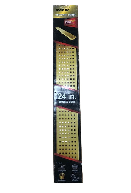 RELN 24 in. Brushed Gold Linear Shower Drain with Square Pattern Drain Cover