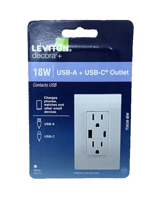 Leviton Decora White 15 Amp Tamper Resistant Duplex Outlet with USB Charger Type A/C 3.6 Amp 18-Watt Outlet 1-Pack (T5638-BW)