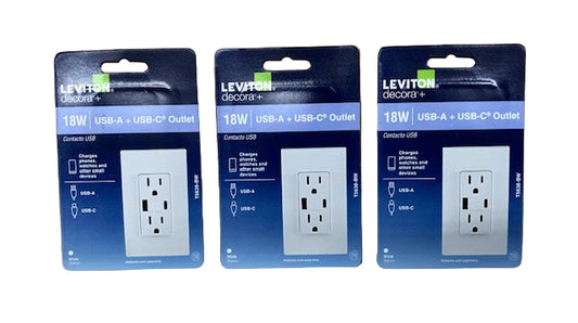 (3-Pack) Leviton Decora White 15 Amp Tamper Resistant Duplex Outlet with USB Charger Type A/C 3.6 Amp 18-Watt Outlet 1-Pack (T5638-BW)
