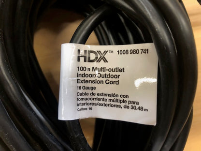 HDX 100 ft. 16/3 Light Duty Indoor/Outdoor Extension Cord with Fan Tap, Black